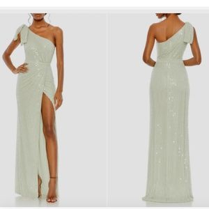 Mac Duggal One-Shoulder Sequin Dress in Light Green